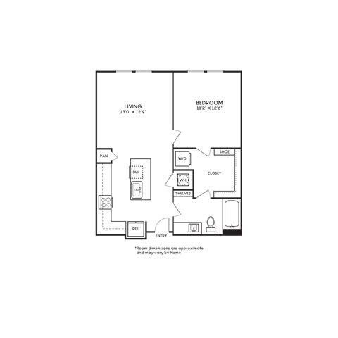 Floor plan for 1 bed, 1 bath, 699 sqft